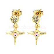 Star Real 18K Gold Plated Brass Dangle Stud Earrings, with Enamel and Cubic Zirconia, Pink, 20x10.5mm(EJEW-L269-107G-03)