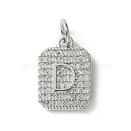 Rack Plating Brass Micro Pave Clear Cubic Zirconia Charms, Long-Lasting Plated, Lead Free & Cadmium Free, Rectangle with Letter Pattern, with Jump Ring, Platinum, Letter D, 14x9.5x2mm, Hole: 3mm(KK-G501-01D-P)