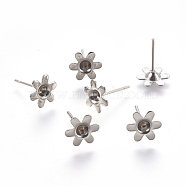 304 Stainless Steel Ear Stud Components, 6-Petal, Flower, Stainless Steel Color, 13mm, Flower: 8x9x2mm, Tray: 3mm, Pin: 0.7mm(STAS-G187-05P)