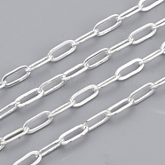Brass Paperclip Chains, Flat Oval, Drawn Elongated Cable Chains, Soldered, with Spool, Cadmium Free & Lead Free, Silver Color Plated, 7.6x2.6x0.5mm, about 16.4 Feet(5m)/roll(X-CHC-S008-001D-S)