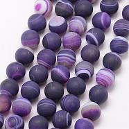 Natural Striped Agate/Banded Agate Bead Strands, Round, Grade A, Frosted, Dyed & Heated, Indigo, 10mm, Hole: 1mm, about 37pcs/strand, 15 inch(G-K166-12-10mm-02)