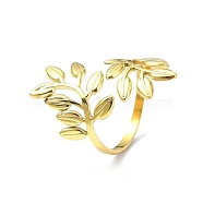 Ion Plating(IP) 304 Stainless Steel Open Cuff Ring, Leafy Branch, Real 18K Gold Plated, Inner Diameter: 19mm(RJEW-L109-051G)