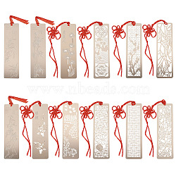 Stainless Steel Bookmarks, with Polyester Tassel, Rectangle with Mixed Pattern, Stainless Steel Color, 11.5x3.2x0.03cm, 12sets/bag(AJEW-TA0001-07P)