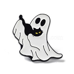 Ghost with Black Cat Alloy Enamel Brooch, Halloween Pins, White, 28x28.5x1.5mm(JEWB-E034-02EB-06)