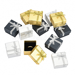 Elite 12Pcs 3 Colors Cardboard Box Ring Boxes, with Bowknot, Square, Mixed Color, 5x5x3.1cm, 4pcs/color(CBOX-PH0002-13)