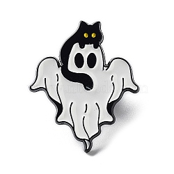 Ghost with Black Cat Alloy Enamel Brooch, Halloween Pins, White, 30x25x1.5mm(JEWB-E034-02EB-01)