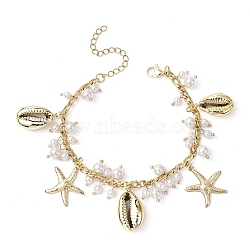 Shell Pearl & Starfish & Shell Charm Bracelets, with 304 Stainless Steel Chains, Golden, 7-1/4 inch(18.3cm)(BJEW-TA00412)