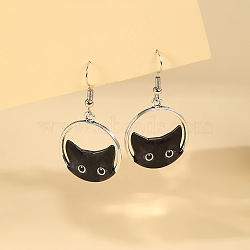 Zinc Alloy Dangle Earrings, Ring with Cat Shape, Platinum, 45x25mm(FS-WGC6225-01)