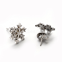 304 Stainless Steel Ear Studs, Hypoallergenic Earrings, Snowflake, Stainless Steel Color, 12x12mm, Pin: 0.8mm(EJEW-P045-01P)