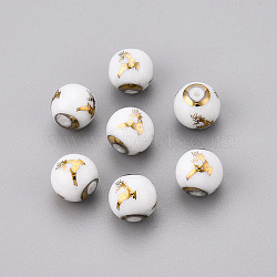 Christmas Opaque Glass Beads, Round with Electroplate Elk Christmas Reindeer/Stag Pattern, Golden Plated, 10mm, Hole: 1.2mm(EGLA-R113-03C)