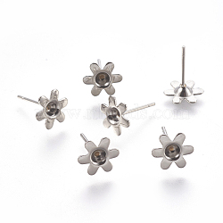 Tarnish Resistant 304 Stainless Steel Ear Stud Components, 6-Petal, Flower, Stainless Steel Color, 13mm, Flower: 8x9x2mm, Tray: 3mm, Pin: 0.7mm(STAS-G187-05P)