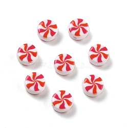 Two Tone Opaque Acrylic Beads, Flat Round with Candy, White, 7x4mm, Hole: 1.5mm(OACR-D282-04A)