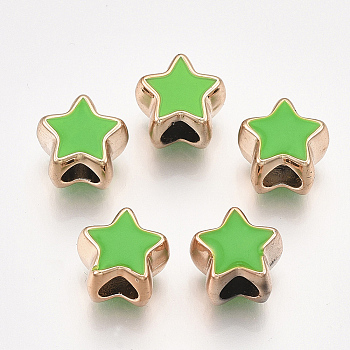 UV Plating Acrylic European Beads, with Enamel, Large Hole Beads, Star, Light Gold, Lime Green, 10.5x11.5x9mm, Hole: 4.5mm