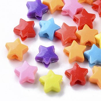 Opaque Polystyrene(PS) Plastic European Beads, Large Hole Beads, Star, Mixed Color, 12x13x6.5mm, Hole: 4mm, about 1000pcs/500g
