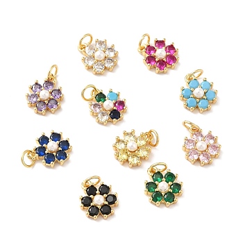 Rack Plating Brass Micro Pave Cubic Zirconia Charms, with Pearl, Cadmium Free & Lead Free, Real 18K Gold Plated, Flower, Mixed Color, 12.5x10.5x4mm, Hole: 3.6mm