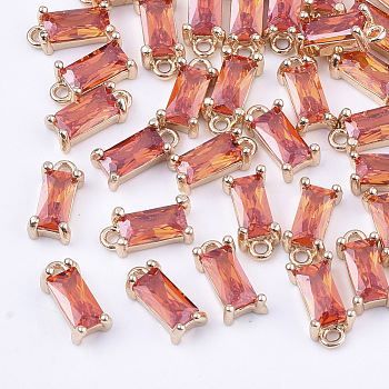 Transparent Glass Charms, with Brass Findings, Faceted, Rectangle, Light Gold, Tomato, 8.5x4x3mm, Hole: 1mm