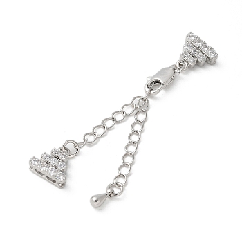 Brass Micro Pave Cubic Zirconia Chain Extender with Glass, Real Platinum Plated Necklace Layering Clasps, with Lobster Claw Clasps, Triangle, Real Platinum Plated, 69mm