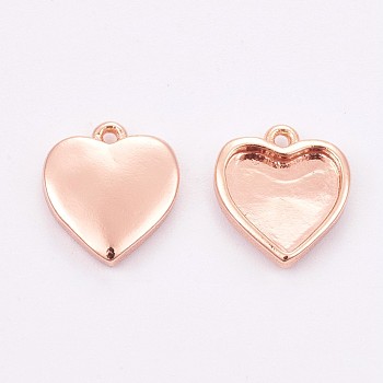 Brass Pendant Cabochon Settings, Plain Edge Bezel Cups, Long-Lasting Plated, Heart, Rose Gold, Tray: 8x9mm, 12x11x2.5mm, Hole: 1mm