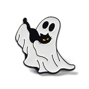 Ghost with Black Cat Alloy Enamel Brooch, Halloween Pins, White, 28x28.5x1.5mm