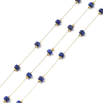Ion Plating(IP) 304 Stainless Steel Link Chains, Natural Lapis Lazuli Beads & Spool, Soldered, Real 18K Gold Plated, 8x4mm, about 32.81 Feet(10m)/Roll