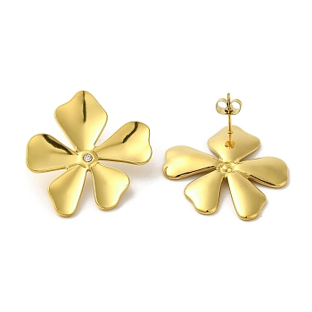 304 Stainlee Steel with Rhinestone Studs Earring, Flower, Real 18K Gold Plated, 35x32.5mm