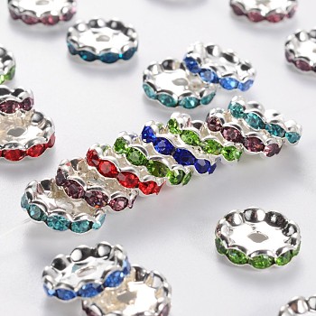 Grade A Brass Rhinestone Spacer Beads, Basketball Wives Spacer Beads for Jewelry Making, Mixed Color, Rondelle, Nickel Free, Silver Color Plated, about 12mm in diameter, 4mm thick, hole: 2.5mm