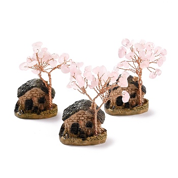 Resin & Natural Rose Quartz Model Ornament, House & Trees, Reiki Spiritual Energy Tree, for Desk Home Decoration, 37~52x31~33x67~70mm