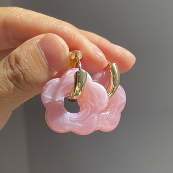 Flower Stainless Steel Acrylic Hoop Earrings, Golden, Pink, 35mm