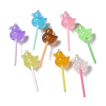 Luminous Translucent Resin Big Pendants, with Platinum Tone Iron Loops, Plastic, Glow in the Dark Duck Lollipop Charm, Mixed Color, 65.5x17x23mm, Hole: 1.8mm