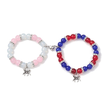 2Pcs 10mm Round Opalite & Pink Glass & Red Glass & Blue Cat Eye Beaded Stretch Bracelet Sets for Lover, Halloween Spider Alloy Charm Bracelets with Heart Magnetic Clasps for Women Men, Mixed Color, Inner Diameter: 2-3/8 inch(6.1cm) and 2 inch(5.1cm)