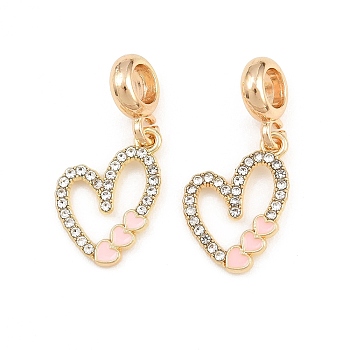 Alloy Enamel European Dangle Charms, Pink Heart Large Hole Pendants with Crystal Rhinestone, Rack Plating, Long-Lasting Plated, Golden, 29.5mm, Hole: 4.3mm