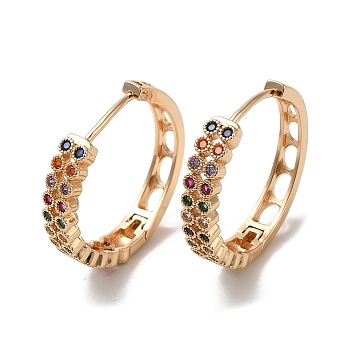 Brass Micro Pave Colorful Cubic Zirconia Hoop Earrings, Hollow Oval, Light Gold, 25.5x26x5mm