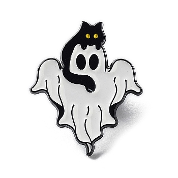 Ghost with Black Cat Alloy Enamel Brooch, Halloween Pins, White, 30x25x1.5mm