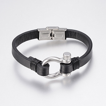 Men's Leather Cord Bracelets, with 304 Stainless Steel Findings and Clasps, Black, 7-7/8 inch(200mm), 8~22x2.5~9mm