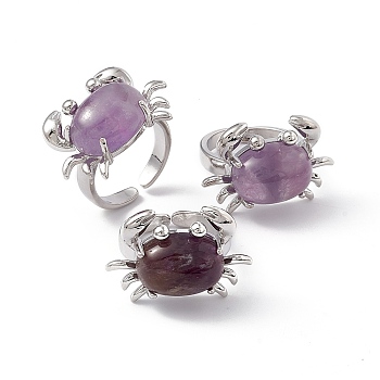 Natural Amethyst Crab Open Cuff Ring, Platinum Brass Jewelry for Women, Cadmium Free & Lead Free, US Size 7 1/4(17.5mm)