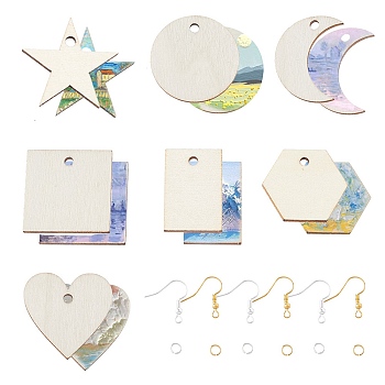 DIY Geometric Dangle Earring Making Kit, Including Star & Moon & Heart & Hexagon Unfinished Wood Pendants, Brass Earring Hooks & Jump Rings, BurlyWood, 480Pcs/box