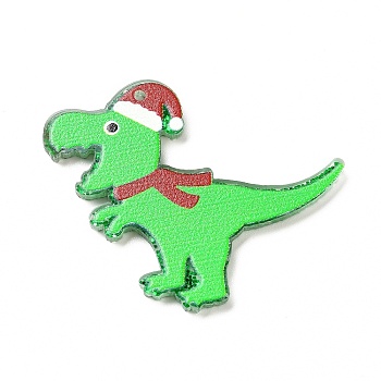 Printed  Acrylic Pendants, with Glitter Sequins, for Christmas, Dinosaur with Christmas Hat Charm, Lime, 36x33x2.5mm, Hole: 1.8mm