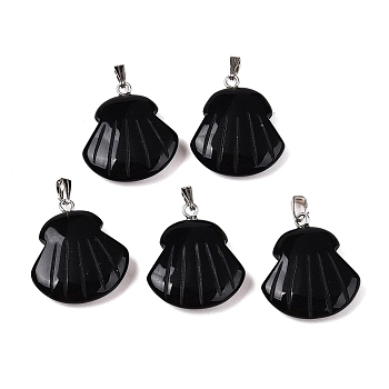 Natural Obsidian Pendants, Shell Shaped Charms with Platinum Plated Metal Snap on Bails, 24.5x20.5~21x5.5~6mm, Hole: 2x5.5mm