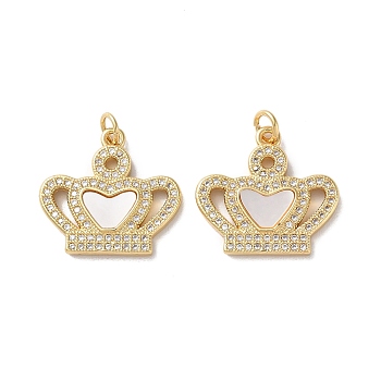 Brass Micro Pave Cubic Zirconia Pendants, with Shell,  Real 18K Gold Plated, Crown, Clear, 19.5x21x2.5mm, Hole: 3mm