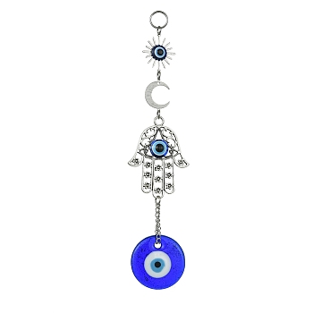 Blue Evil Eye Lampwork Pendant Decorations, Alloy Hamsa Hand/Hand of Miriam Link and Brass Moon/Sun Charm, Antique Silver & Platinum, 169x34.5x6mm, Hole: 10mm