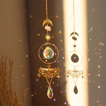 Natural Rose Quartz Brass Moon & Star Hanging Ornaments, Teardrop Glass Tassel Suncatchers for Home Outdoor Decoration, Star, 380mm