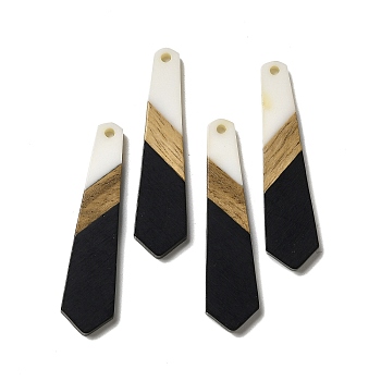 Opaque Resin & Walnut Wood Pendants, Hexagon Tie Charms, Black, 49x12x3mm, Hole: 2mm