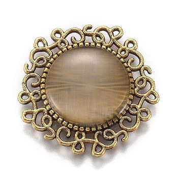 Hollow Retro Plastic Imitation Cat Eye Cabochons, with Antique Gold Plated Alloy Findings, Flower, White, 23.5x24x4mm