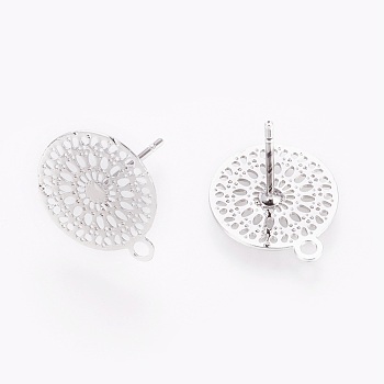 Brass Stud Earring Findings, with Loop, Flat Round with Flower, Real Platinum Plated, 14x12x0.3mm, Hole: 1.4mm, Pin: 0.7mm