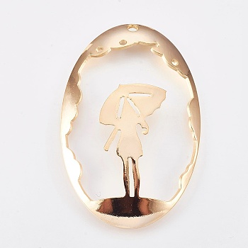 Brass Pendants, Nickel Free, Oval with Human, Real 18K Gold Plated, 45x30x1mm, Hole: 1.2~1.5mm