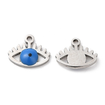 316L Surgical Stainless Steel Charms, with Enamel, Evil Eye Charm, Stainless Steel Color, 7x9x1.6mm, Hole: 1mm
