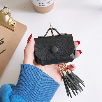 Imitation Leather Wireless Earbud Carrying Case, Earphone Storage Pouch, with Keychain & Tassel, Handbag Shape, Black, 128mm