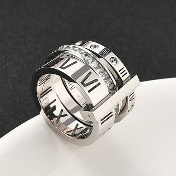 304 Stainless Steel Cubic Zirconia Finger Rings for Women Men, Roman Numerals, Stainless Steel Color, 12.5~16.5mm, Inner Diameter: 18mm