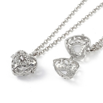 Brass with Rhinestone Pendant Necklaces, Iron Rolo Chains, Heart, Platinum, 32.48 inch(825mm)