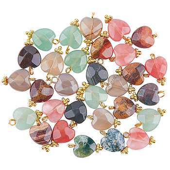 DICOSMETIC 30Pcs 5 Style Mixed Gemstone Charms, with Golden Tone Brass Findings, Faceted Heart, 15x10x5mm, Hole: 1.6mm, 6pcs/style